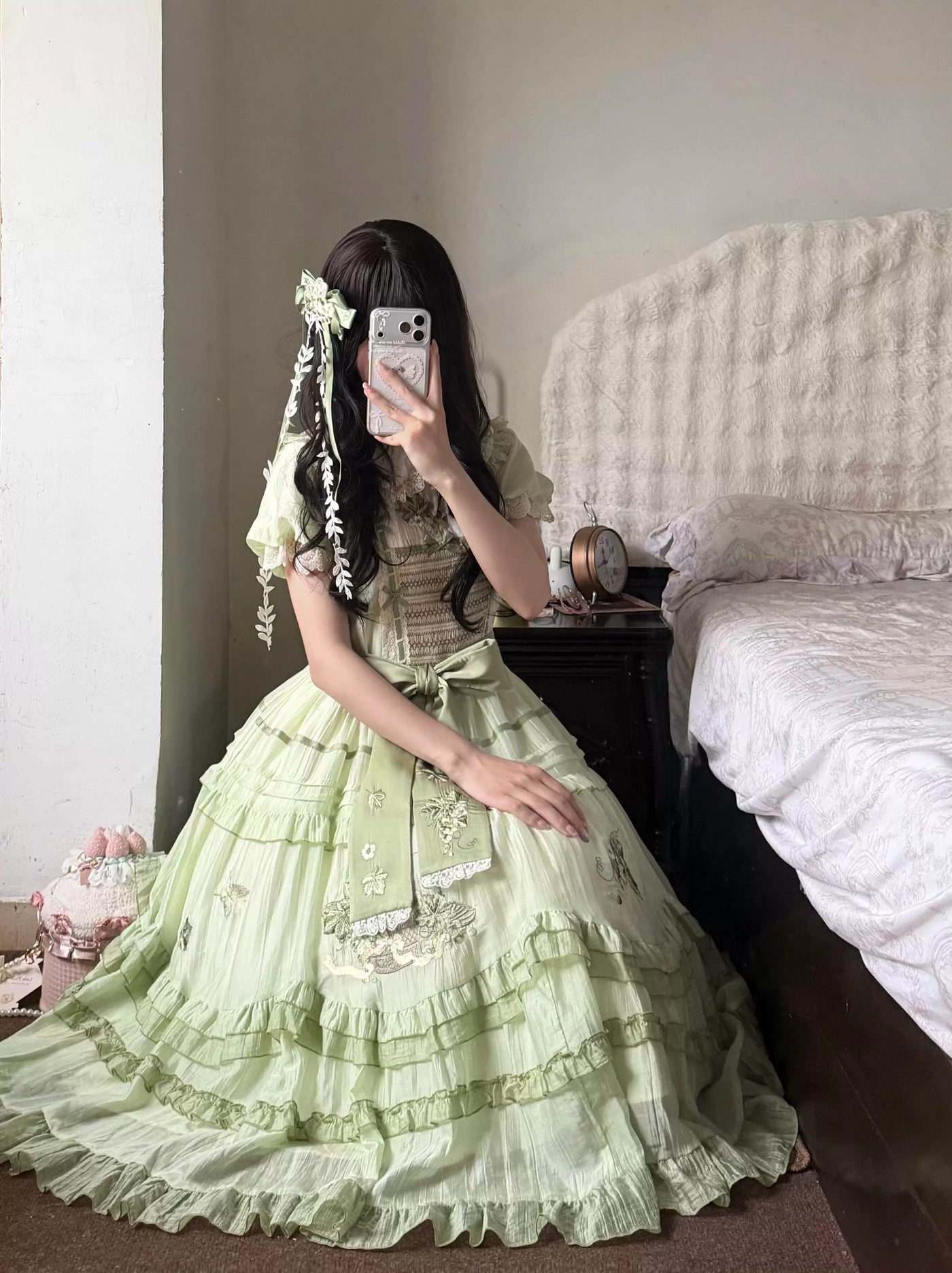 Creamy - Green Grape - Pale Green OP Dress Set with a Waist Bow