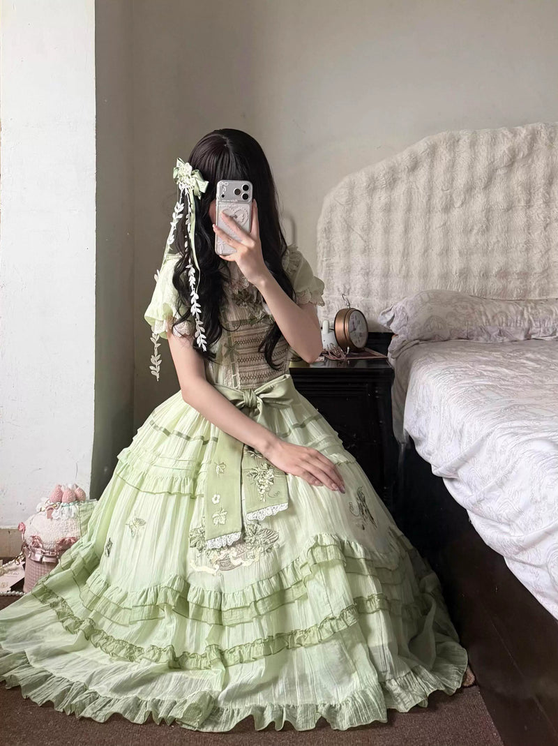 Creamy - Green Grape - Pale Green OP Dress Set with a Waist Bow