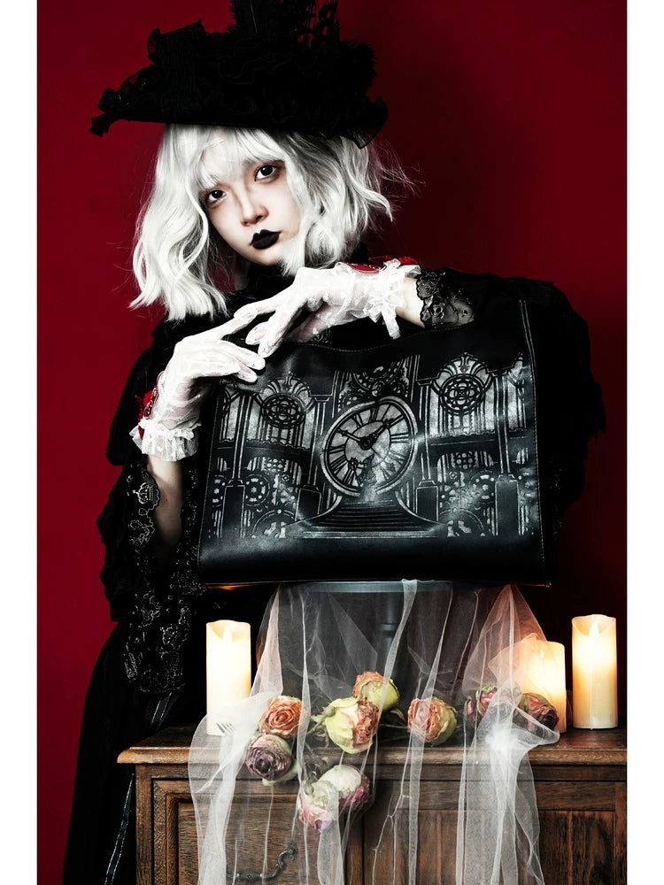 Vera s Mimosa - Clock Tower Witch - Gothic Tote Bag with Silver Clock-Tower Graphic