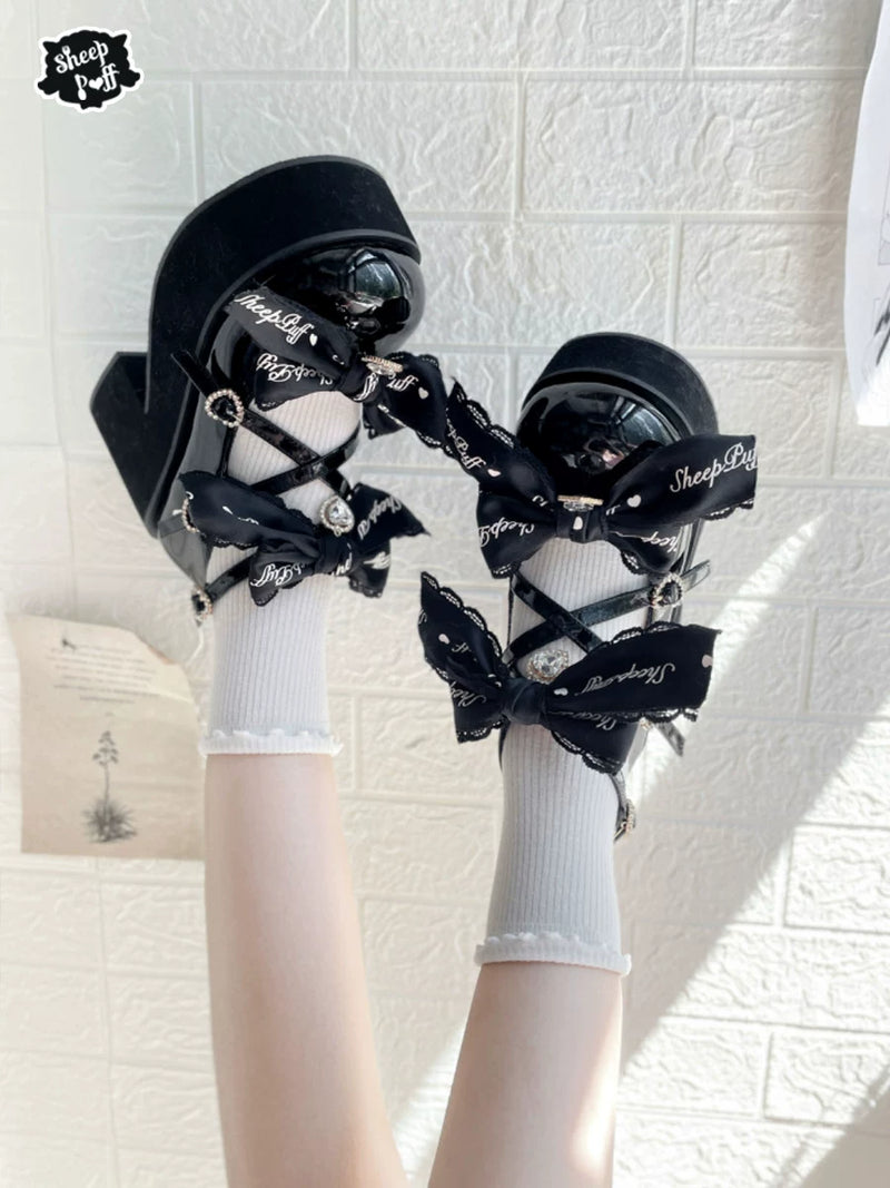 sheeppuff Black Pink Lace Platform Shoes