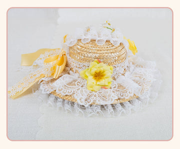 Stardust Rose - Forest Lace Bow - Straw Flat Hat with Lace Bow Hair Clip
