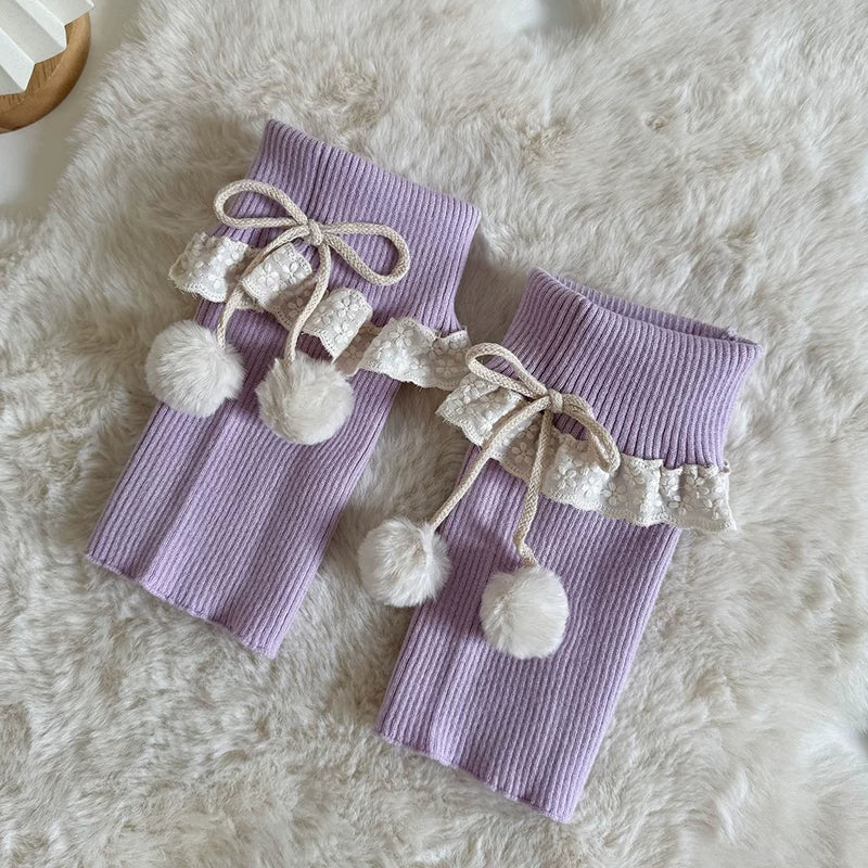 Lilac ribbed Socks & Legwear with lace trim, tied cords and white pom-pom accents