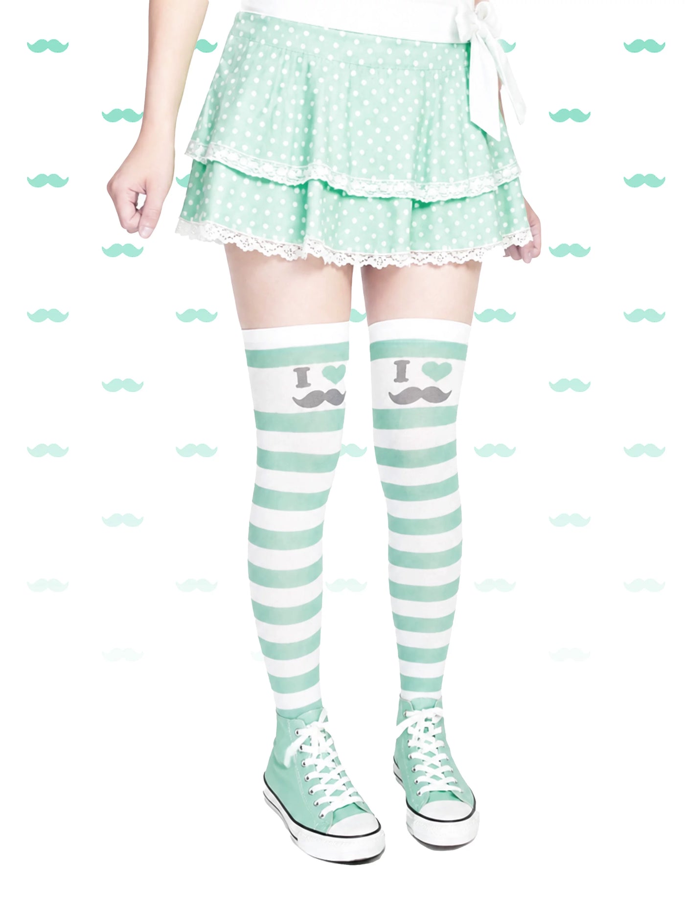 Electric Eye Beauty mint stripe moustache over-the-knee socks - view 5