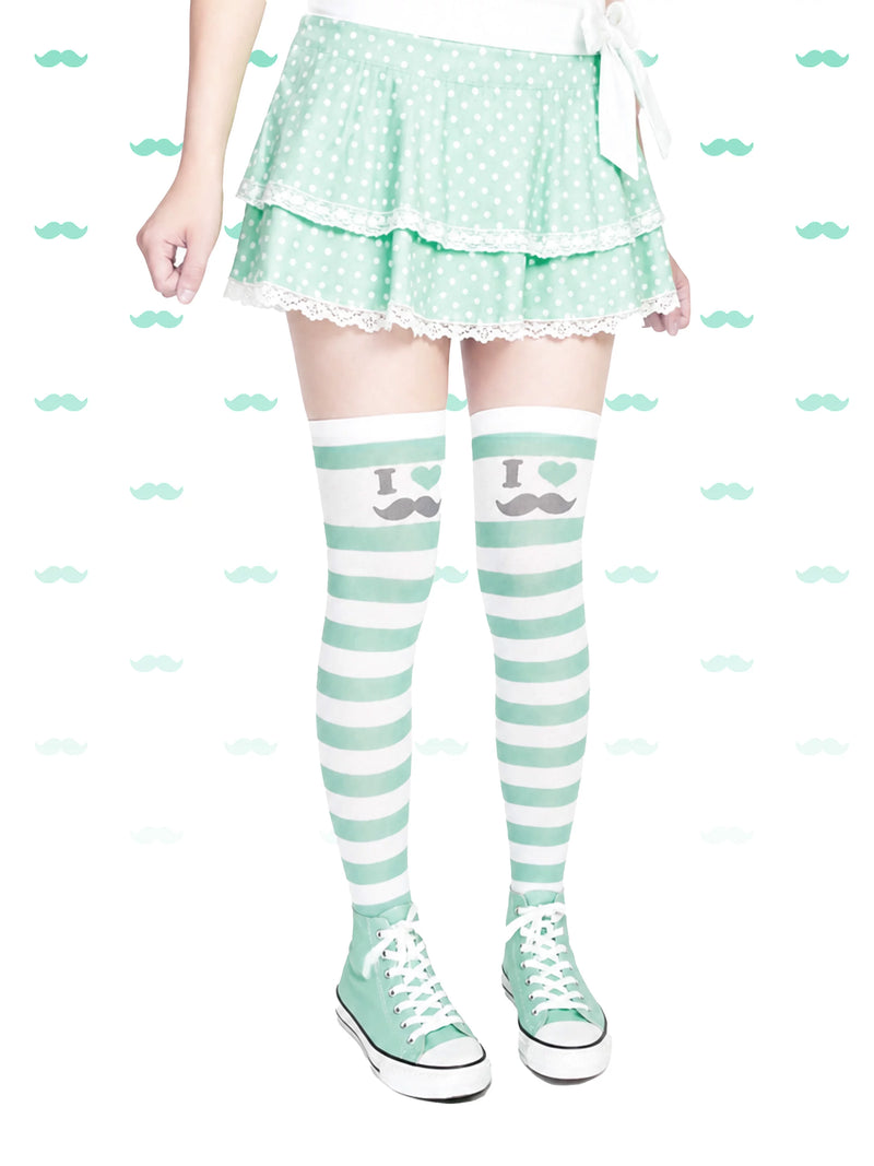 Electric Eye Beauty mint stripe moustache over-the-knee socks - view 5