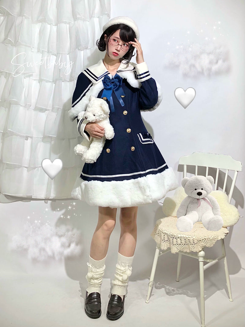 Strawberry Witch Navy Sailor Lolita Coat & Capelet - Navy coat side styling view