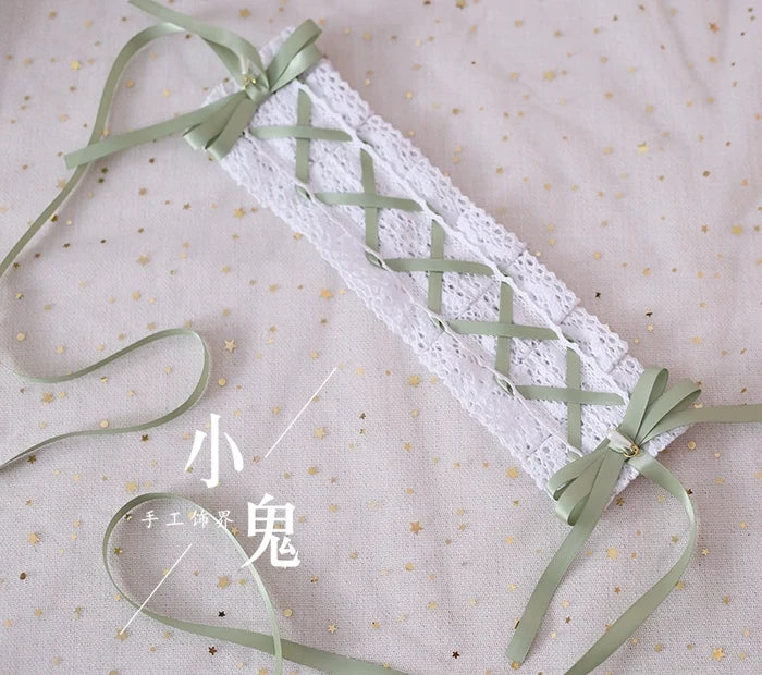 Xiaogui - Japanese Style Sweet Lolita Lace Headband Multicolors White Cotton + Matcha Green