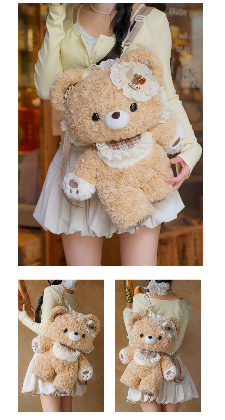 Plush Little Bear Guli backpack shown in a size comparison graphic and worn with its straps.