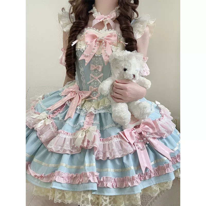 Creamy - Candy Pastel Princess - Pastel Blue-and-Pink JSK Dress Set with Layered Lace Ruffles