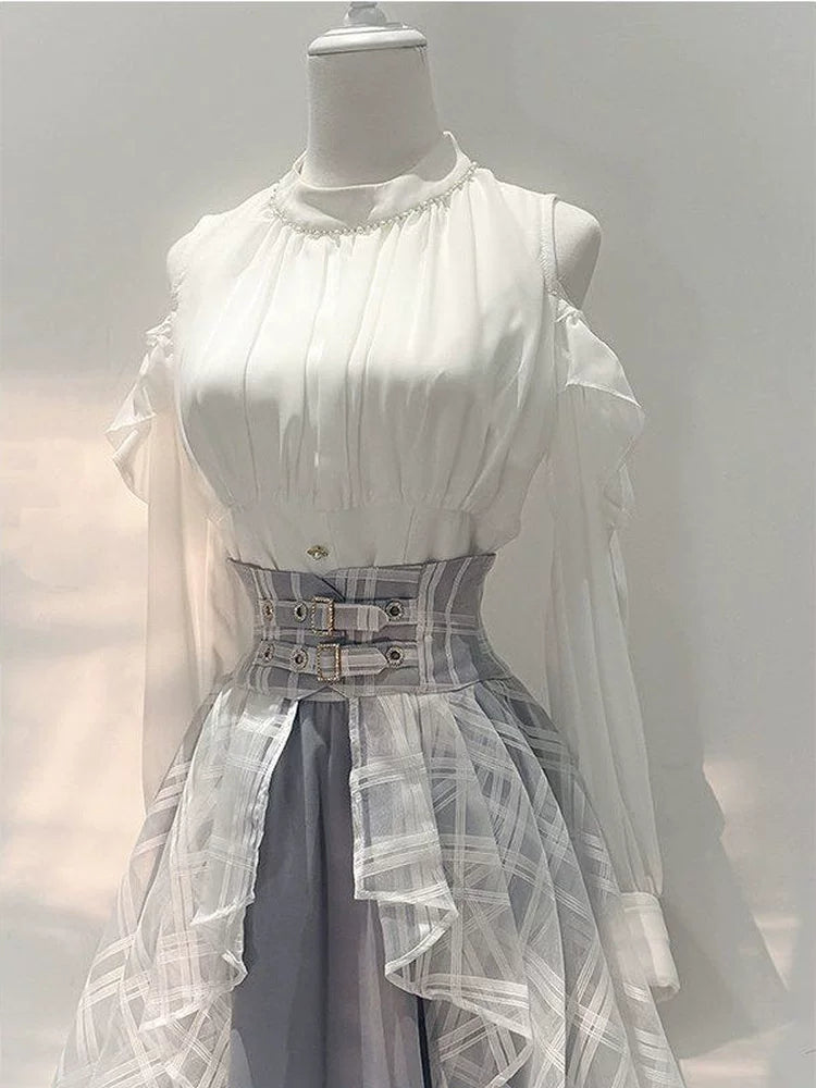 Creamy - Clear Plaid Layers - White Two-Piece Set with Off-Shoulder Top and Double-Buckle Waist