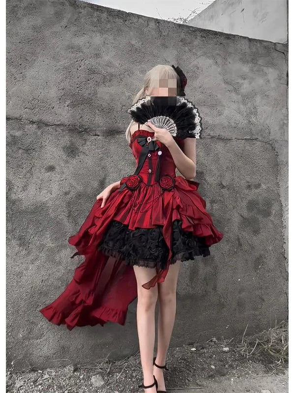 Creamy - Red Rose Train - Red JSK Dress with a Long Train