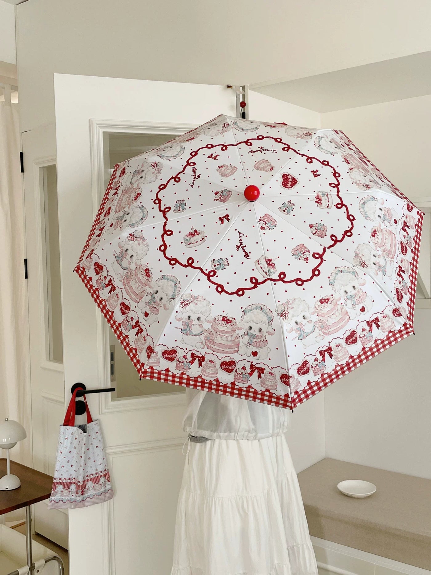 Independent Brand - Little Sheep - Printed Lolita Parasol with Red Plaid Border
