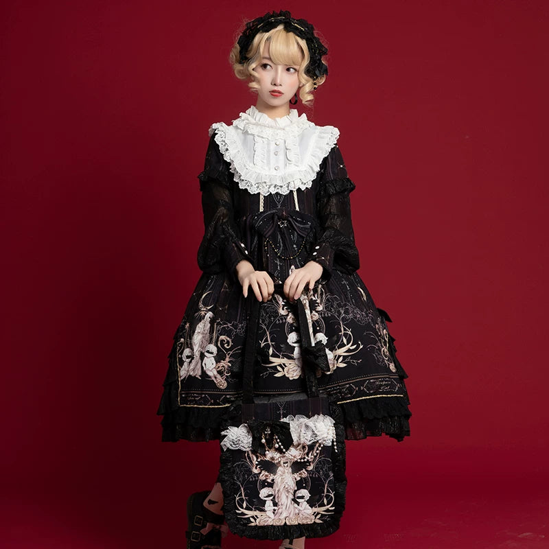 Elegant long sleeve OP dress featuring a leopard cat design by Lolita Fetch, perfect for cute and daily wear.