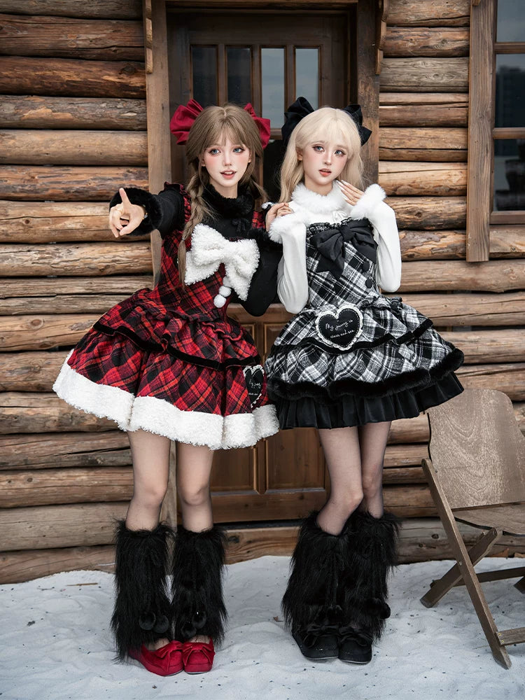 With PUJI - Snow Night Serenade - Fluffy Plaid Kawaii Lolita JSK, Reversible Cape detail view 3