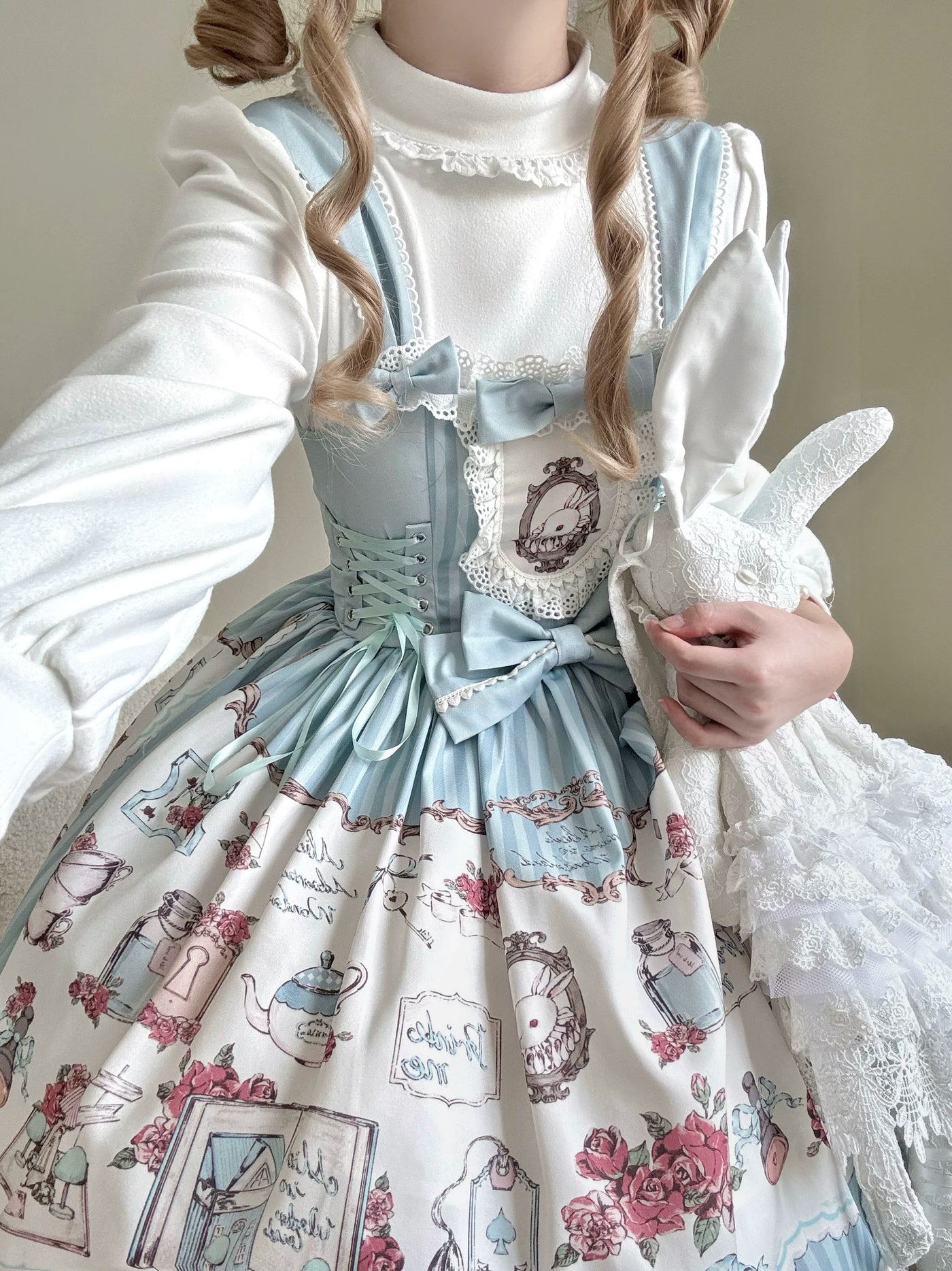 Cat Upon Cat - Rabbit's Collection Box - Rabbit-Print JSK Dress with Lace Bib
