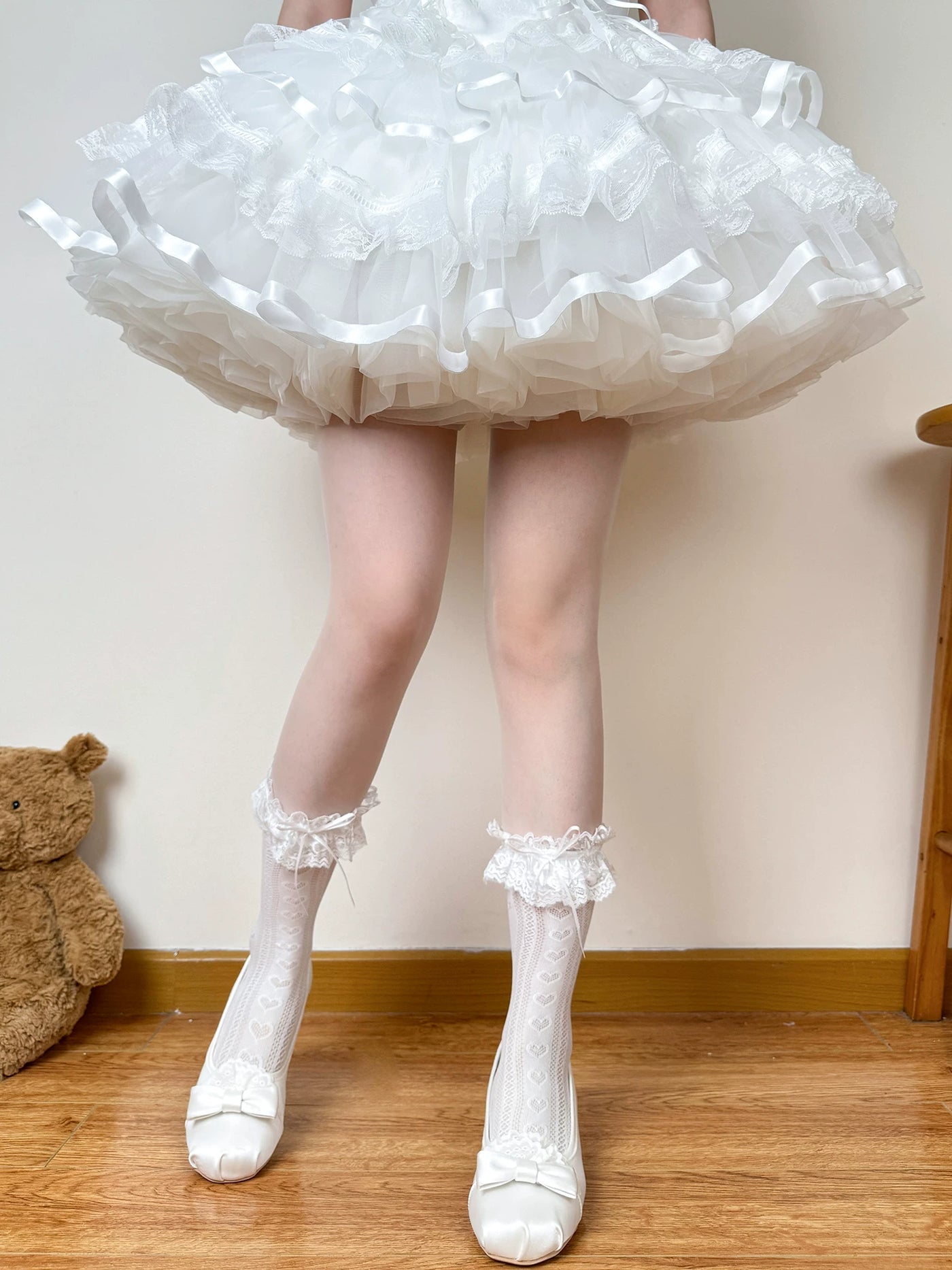 Chubby Bear Tales - Edith - Openwork Mid-Calf Socks with Lace Cuffs and Bows