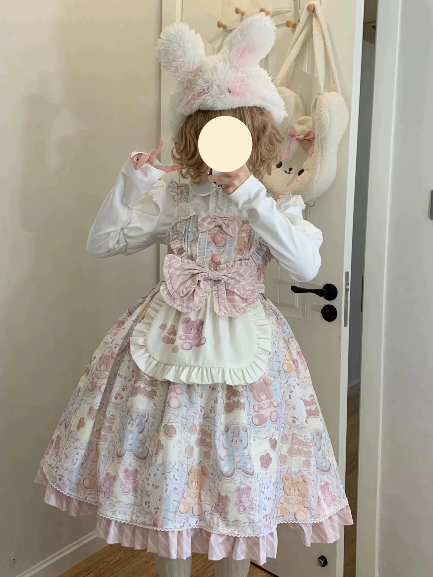 GZYRZ - Macaron Milk Bear - Teddy Bear Print JSK with Apron and Headband Options