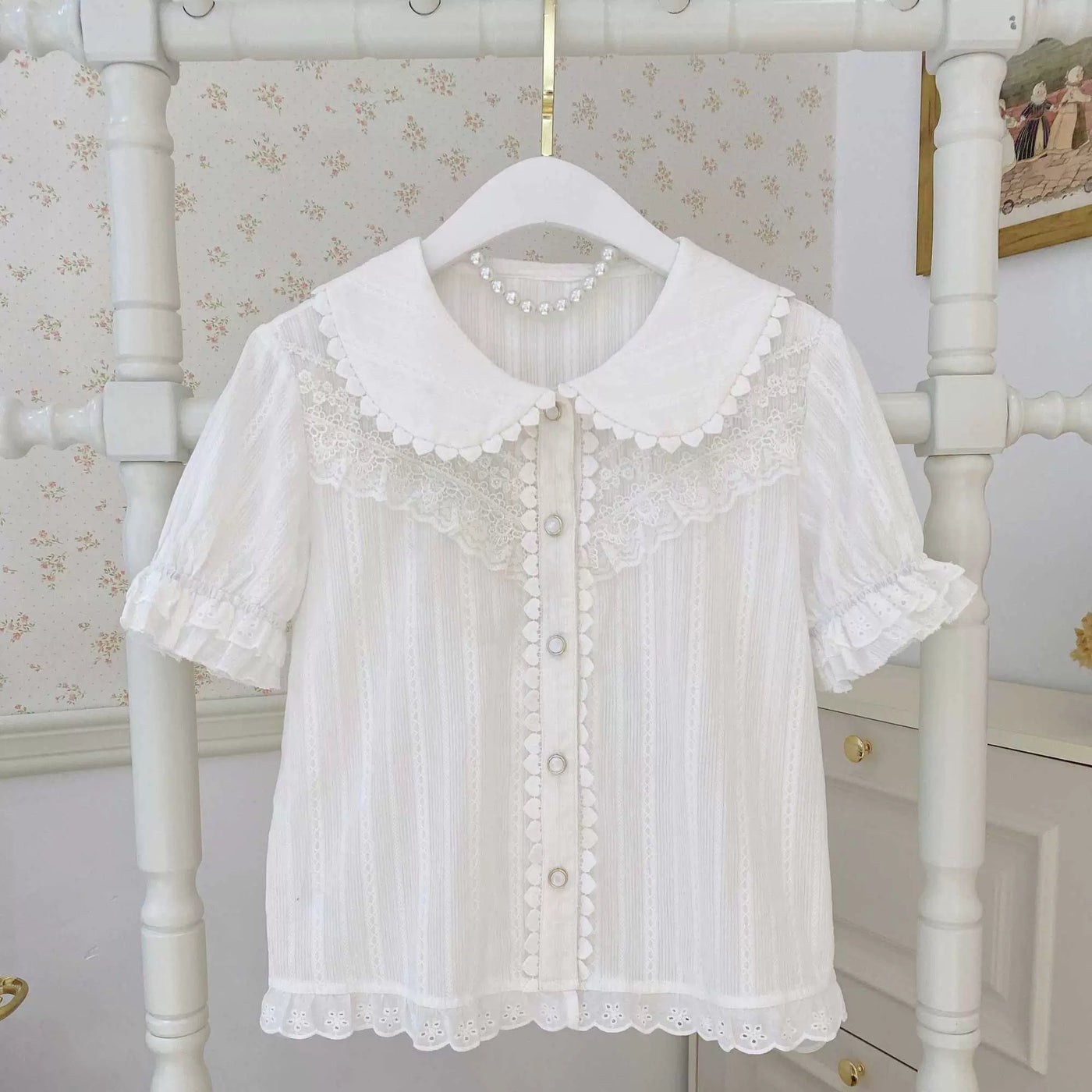 White Peter Pan collar inner blouse with lace panels and frilled sleeves