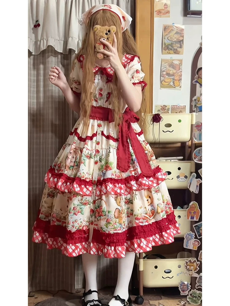 Dream Bunny - December Strawberry Field - Strawberry-Print One-Piece Dress with Red Gingham Ruffles