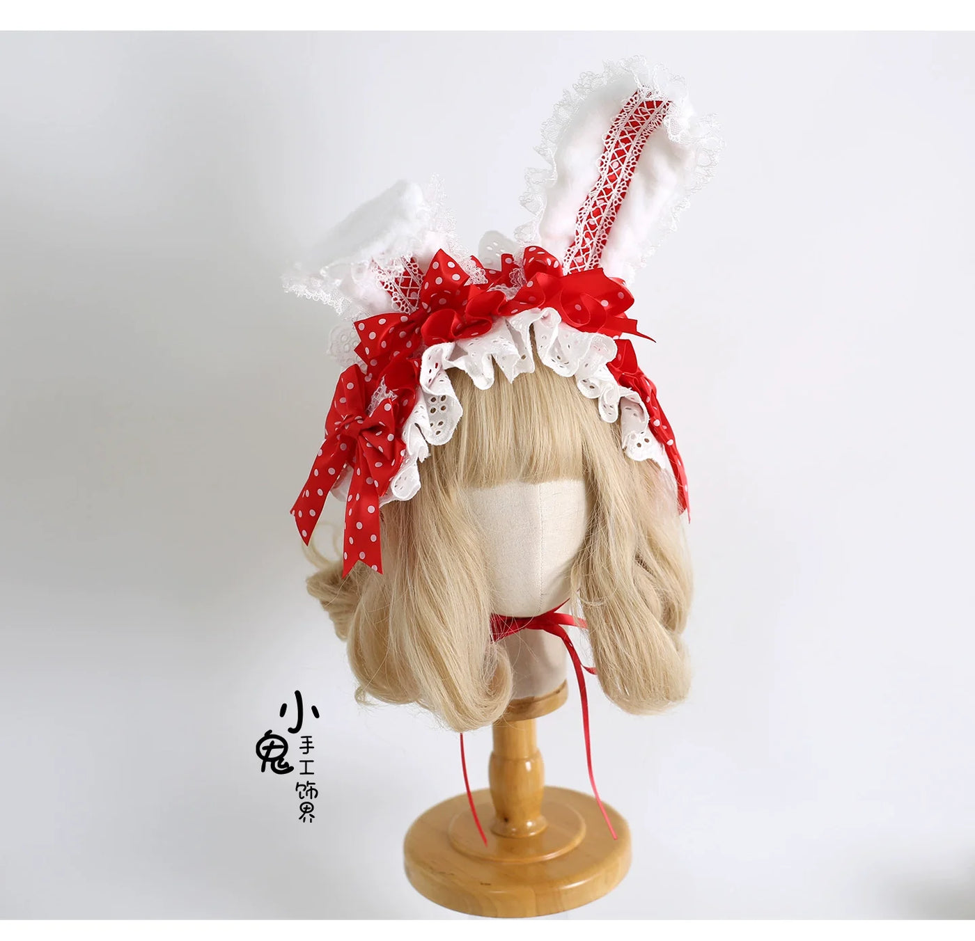 Xiaogui - Sweet Lolita Polka Dot Lace Hairband - Shapeable Bunny Ears Headwear