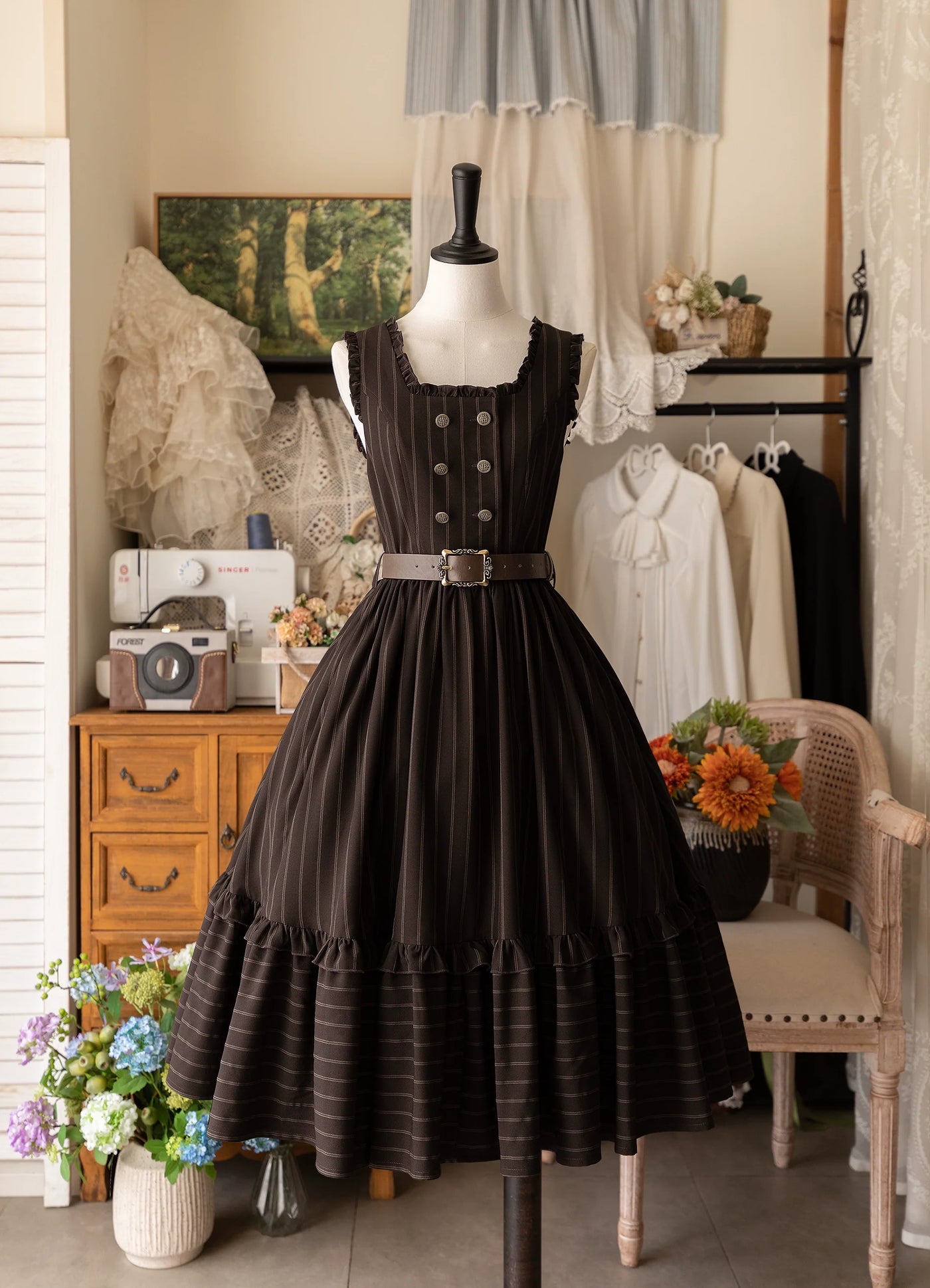 Little Manor - Classical Lolita JSK Dress & Long Sleeve Blouse S Dark Brown JSK
