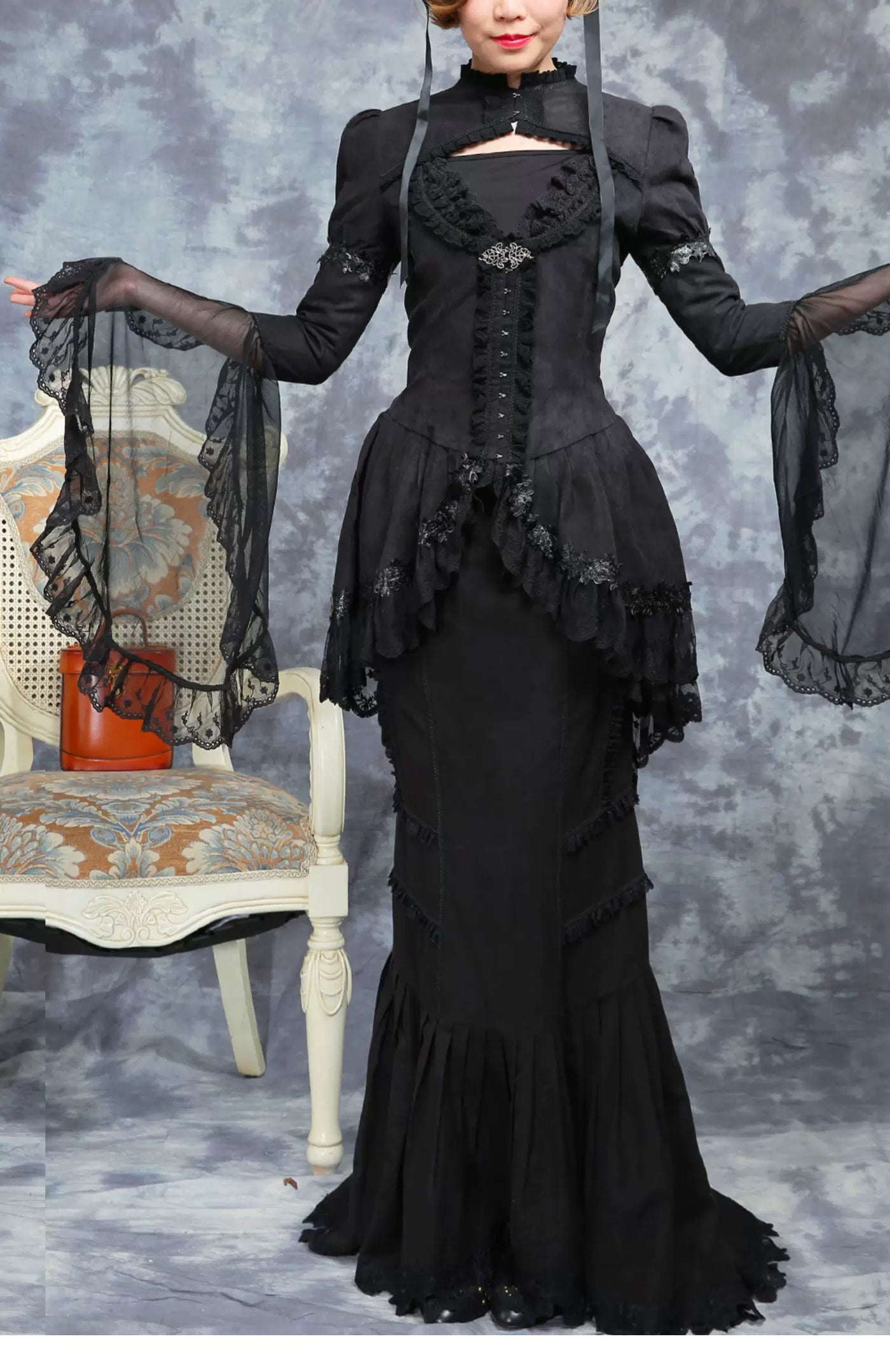LACE GARDEN - Dark Lace - Black Mesh Outerwear and Mermaid Skirt Set with Lace Trim