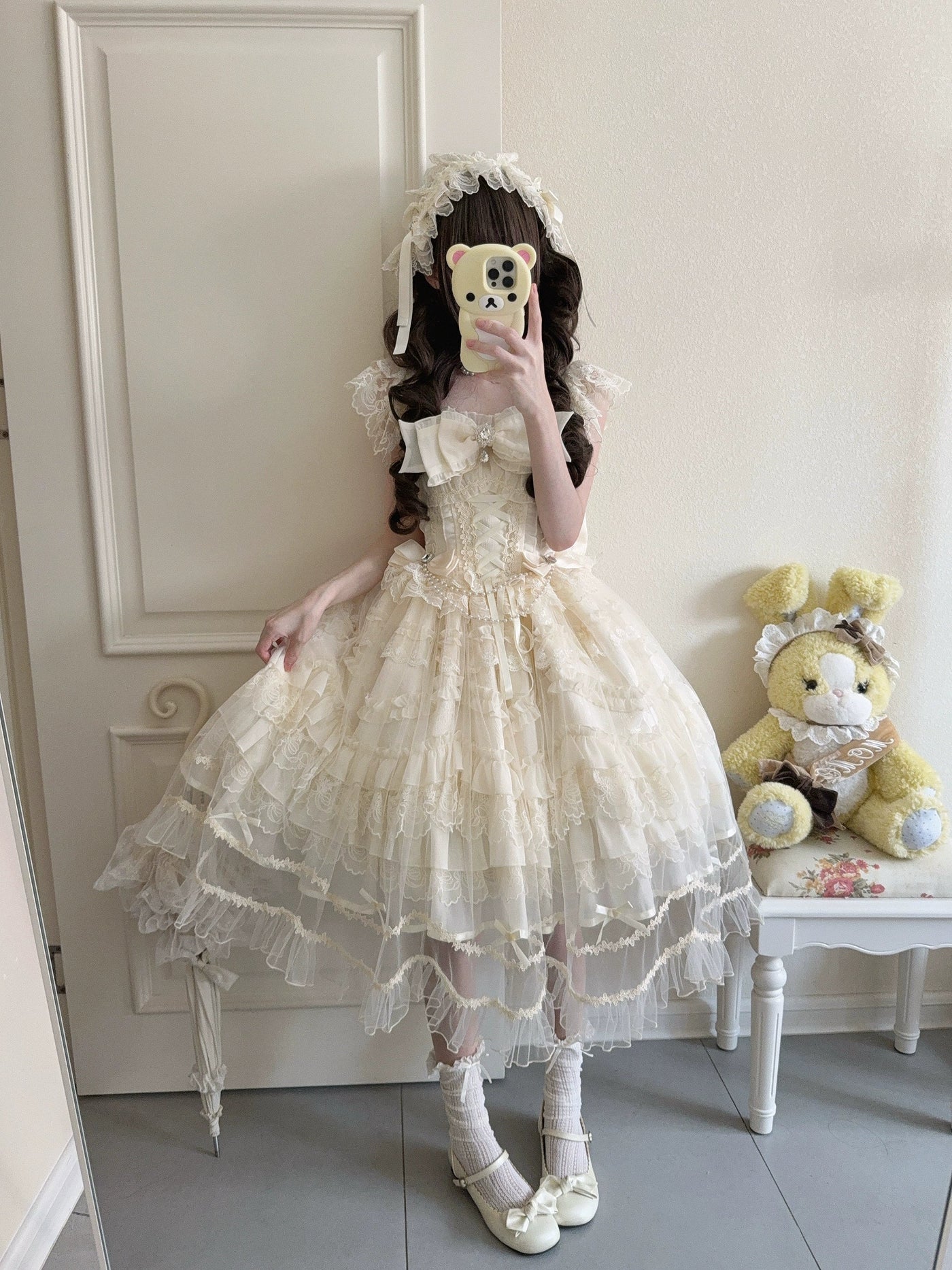 Eternal Vow - Wedding Lolita JSK, Detachable Overlay Apricot JSK+ Tulle Overlay + Back Bow + Headband (choker excluded) S