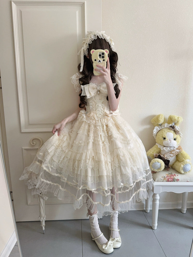 Eternal Vow - Wedding Lolita JSK, Detachable Overlay Apricot JSK+ Tulle Overlay + Back Bow + Headband (choker excluded) S