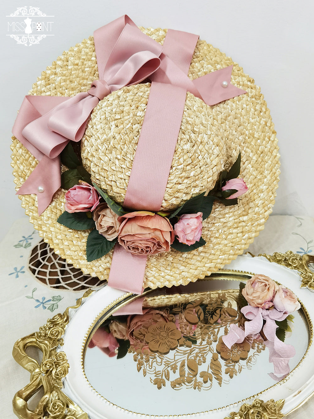 Lilyka Garden - Classic Lolita Headdress and Necklace Brooch Bow Trailing Wide-Brim Hat - Pink Bow