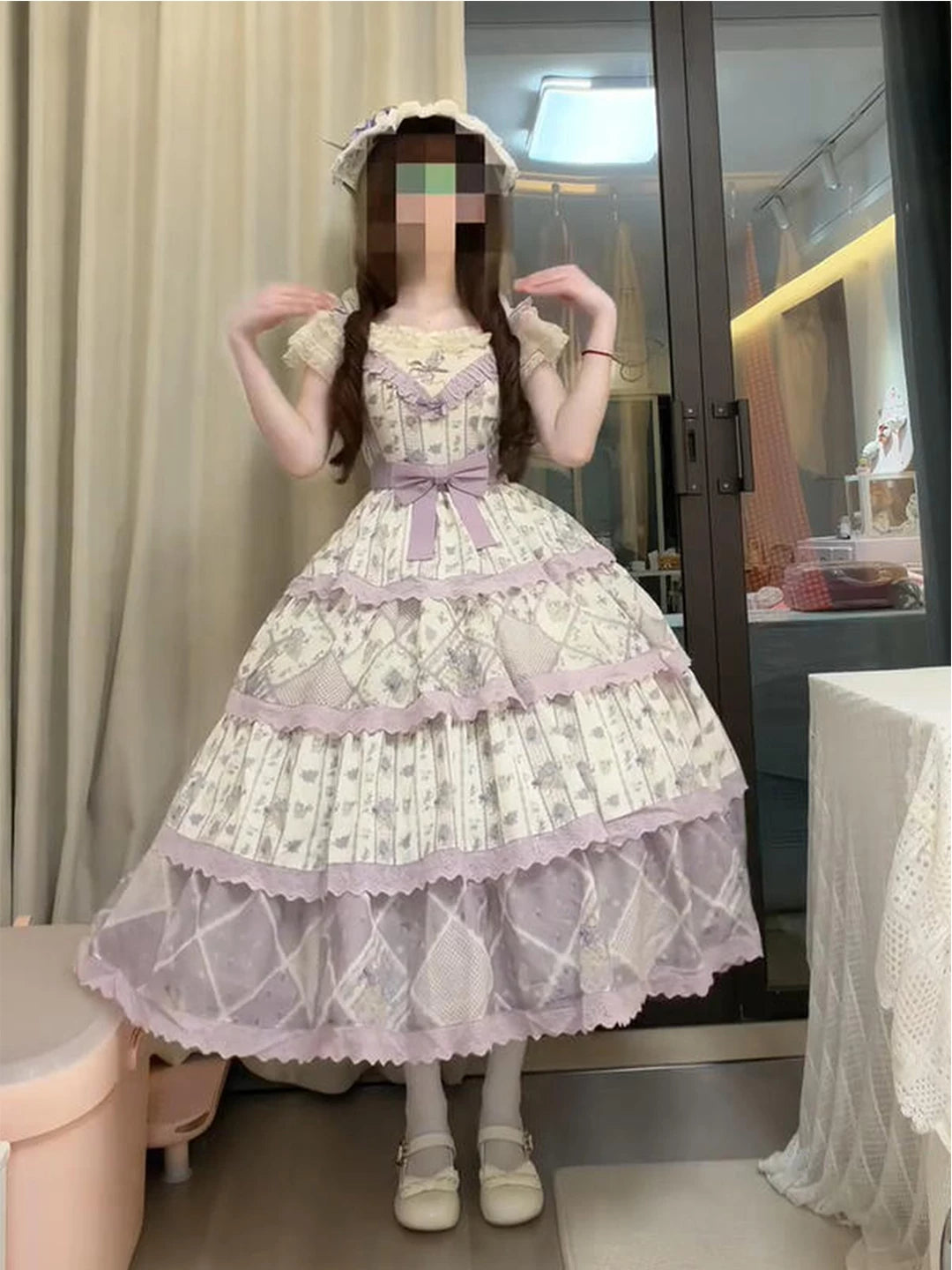 Creamy - Purple Garden - Purple JSK Dress with Belt and Bow