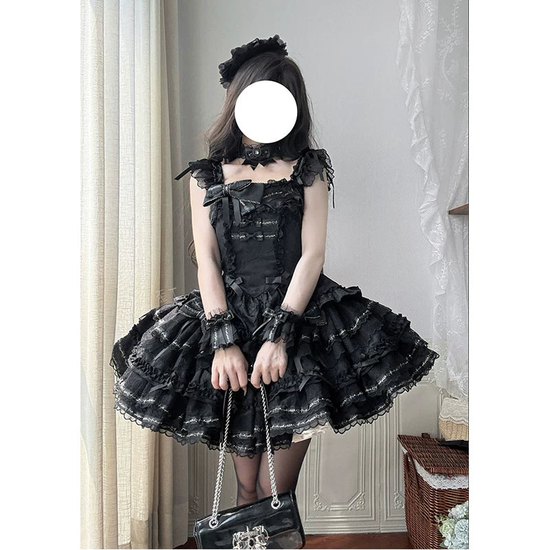 Creamy - Black Ballet - Black One-Piece Dress Set with Tiered Lace Ruffles
