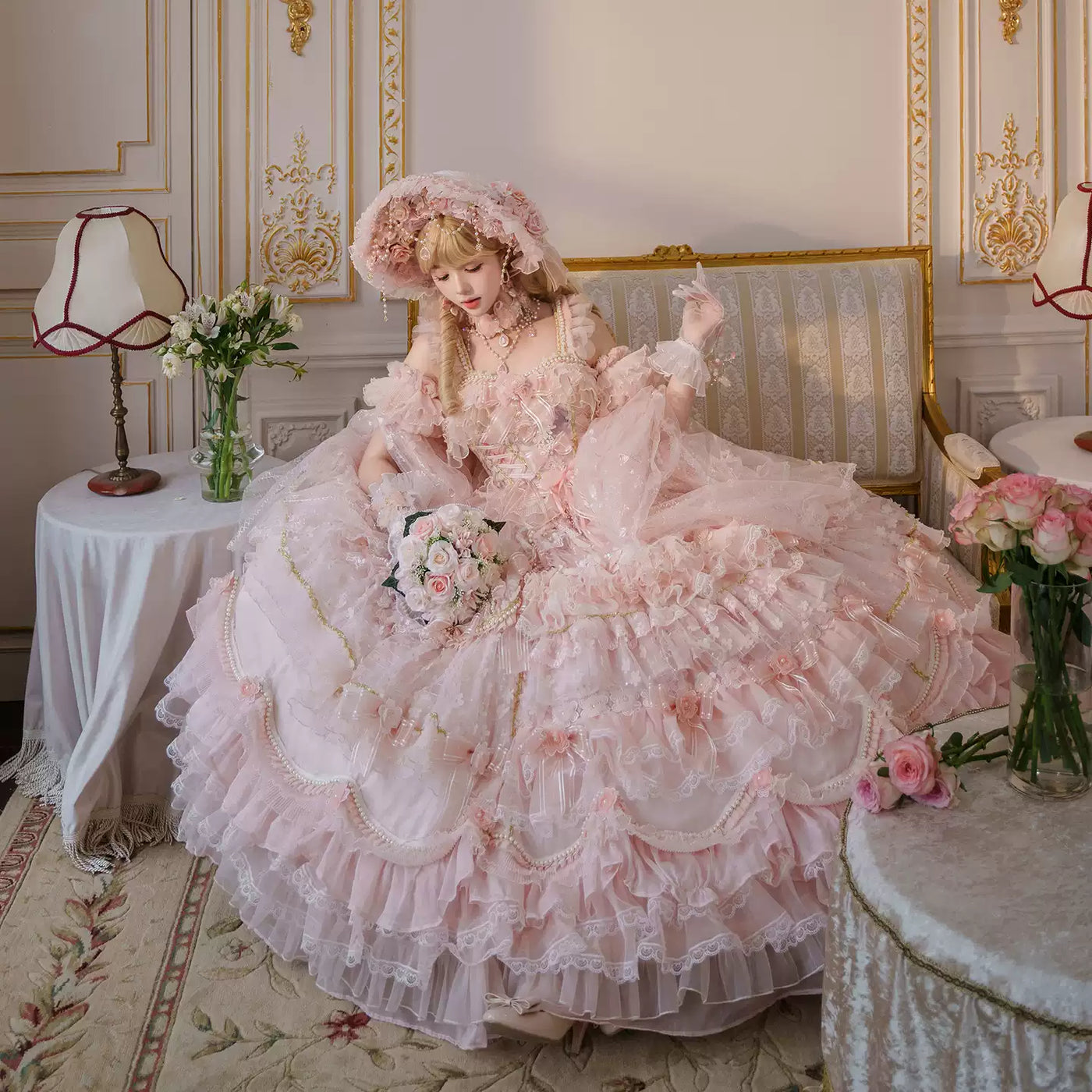 Cat Fairy - Princess on the Run - Blush-Pink JSK with Tiered Ruffles and Floral Lace