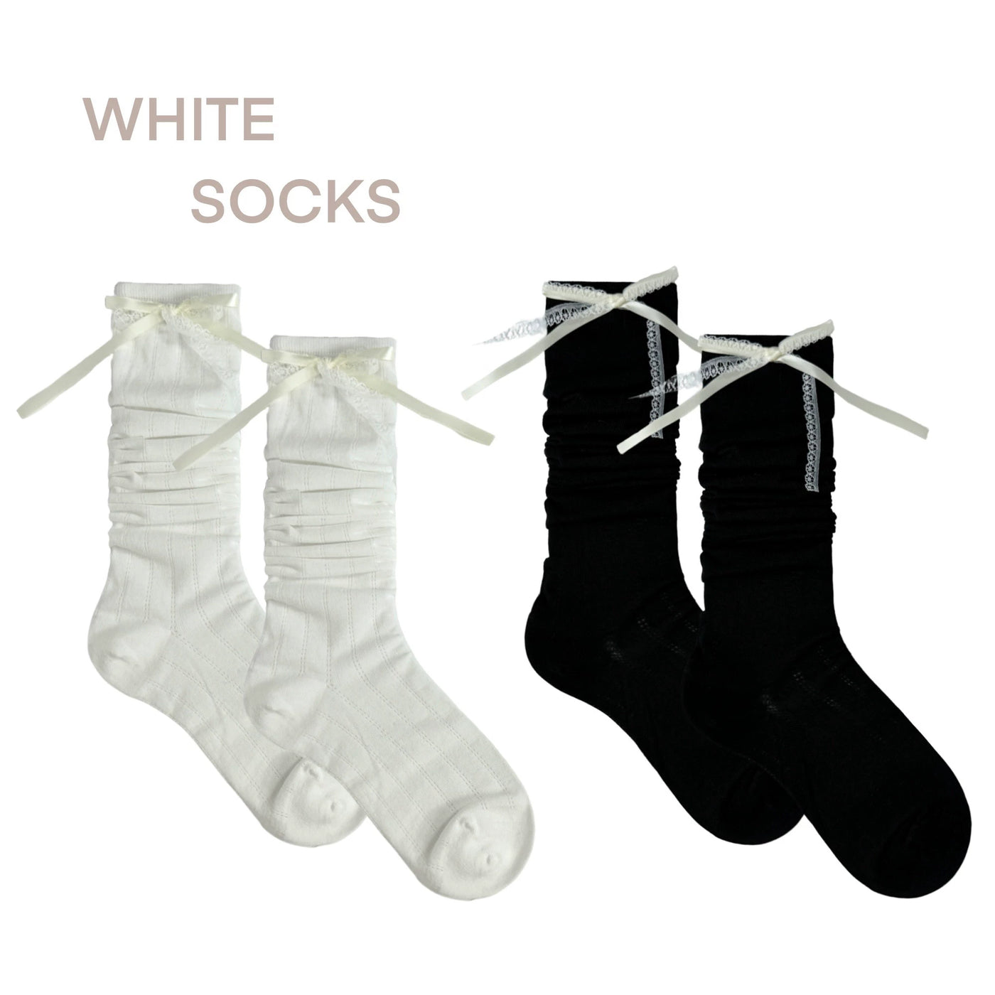 White Socks - Ballet Lace Slouch Socks - Long Socks with Lace Trim and Bow Details