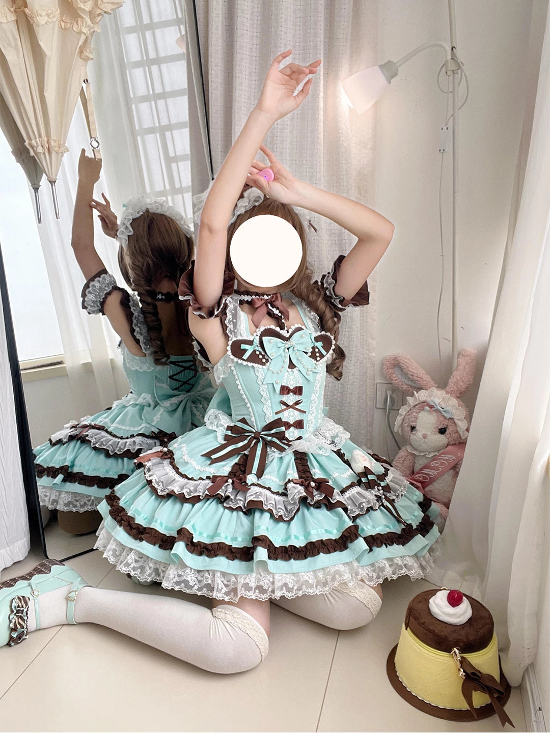 Creamy - Mint Chocolate Ribbon - Mint JSK dress set with chocolate-brown bows