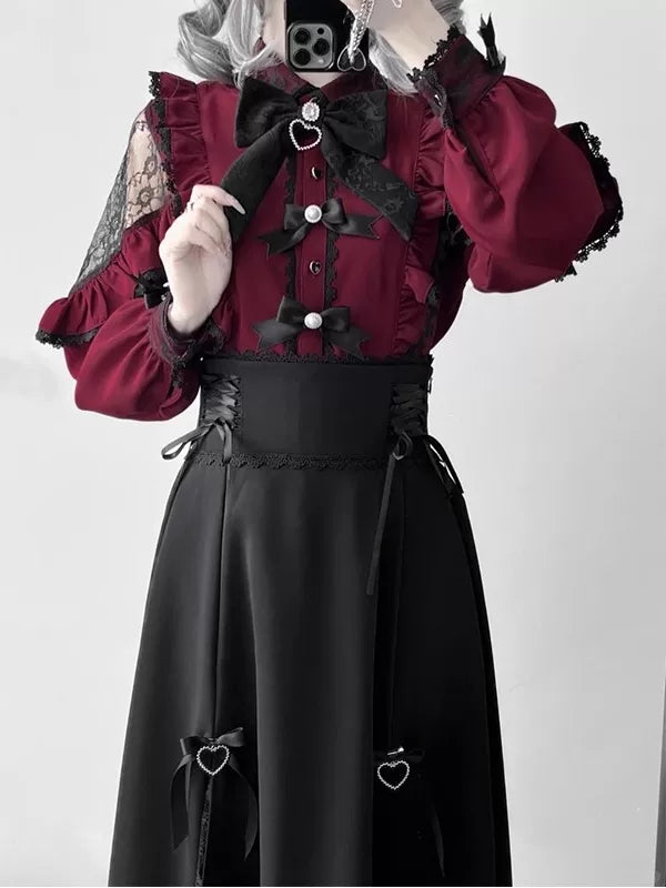 Creamy - Lace Heart - Wine-Red Blouse and Black Skirt Set with Lace Trim