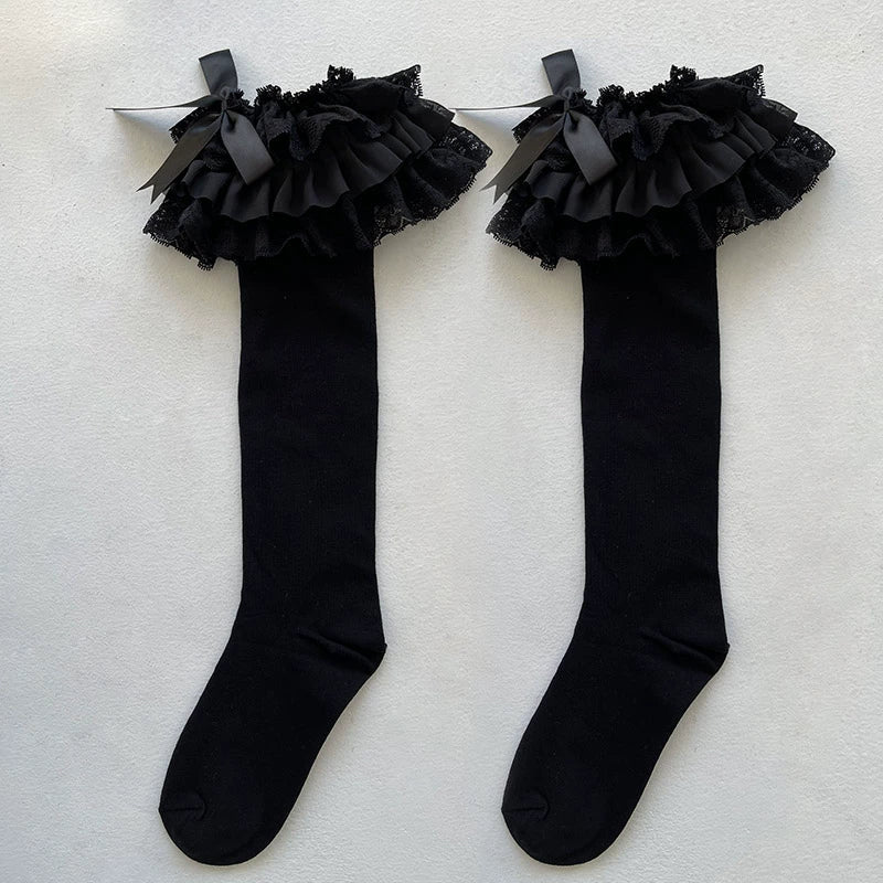 WAGUIR - Cotton Lolita Bow Socks with - Layered Lace Trim Socks