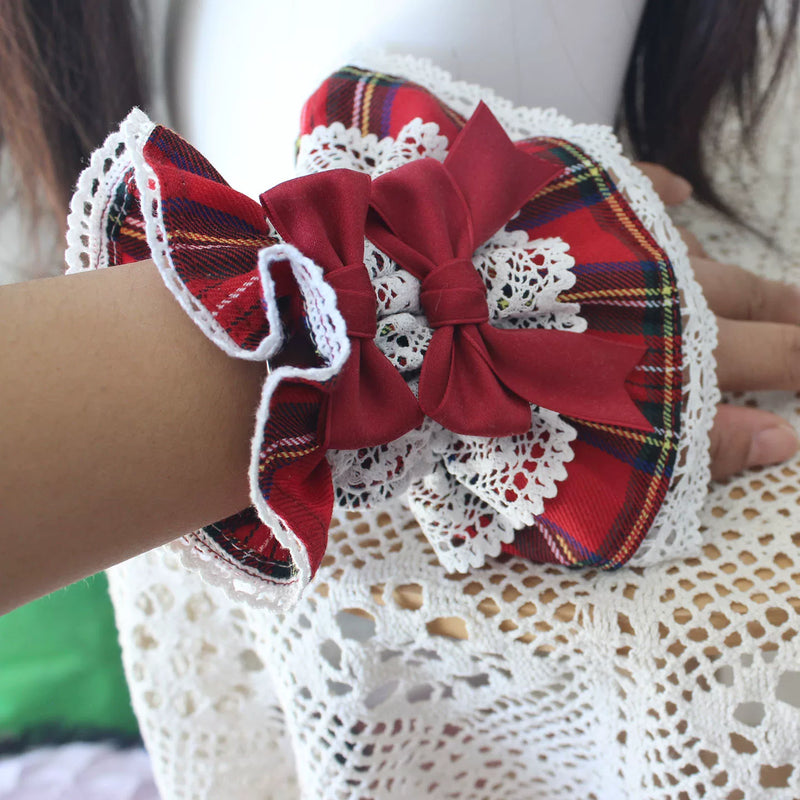 Laura's Doll Red Plaid Lolita Bonnet & Headbow Options — Ornate Arm Sleeves - Pair