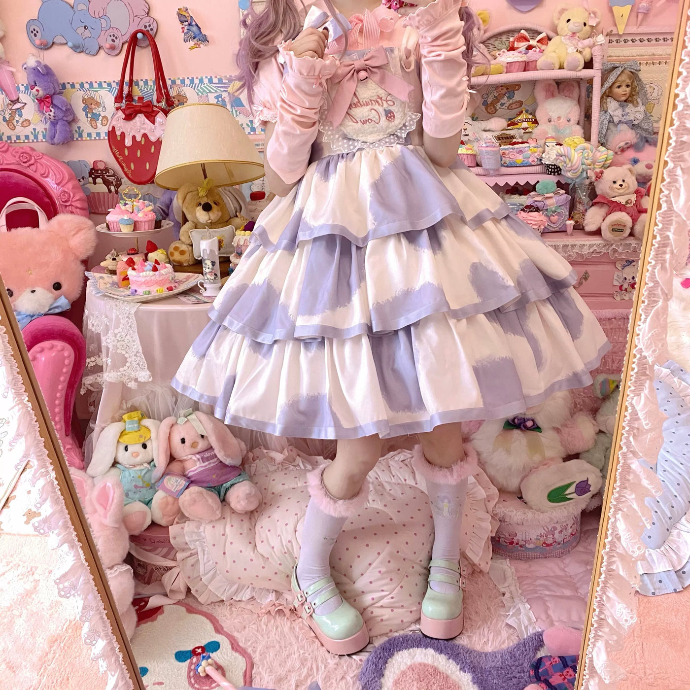 Tata Long Ear - Milk Cake Cow Print - Cow-Print JSK Dress with Three-Section Skirt