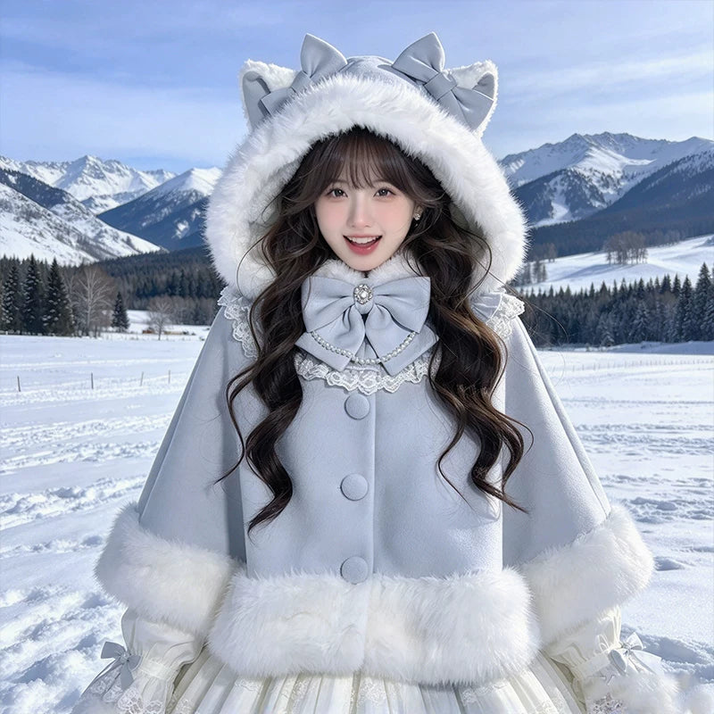 Plush Lolita Winter Capes - Assorted Styles — Blue Double-Faced Wool-Look Hooded Cape - Flagship Version