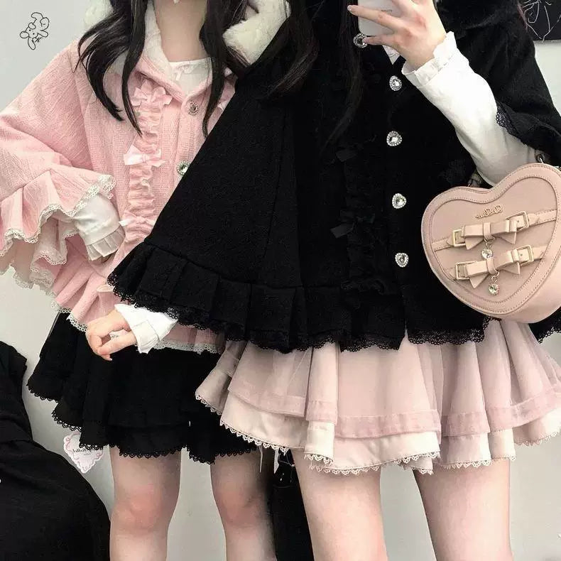 Sweetheart Dream Machine - Pompom Sweetheart - Hooded Cape with Plush Trim and Pompom Ties