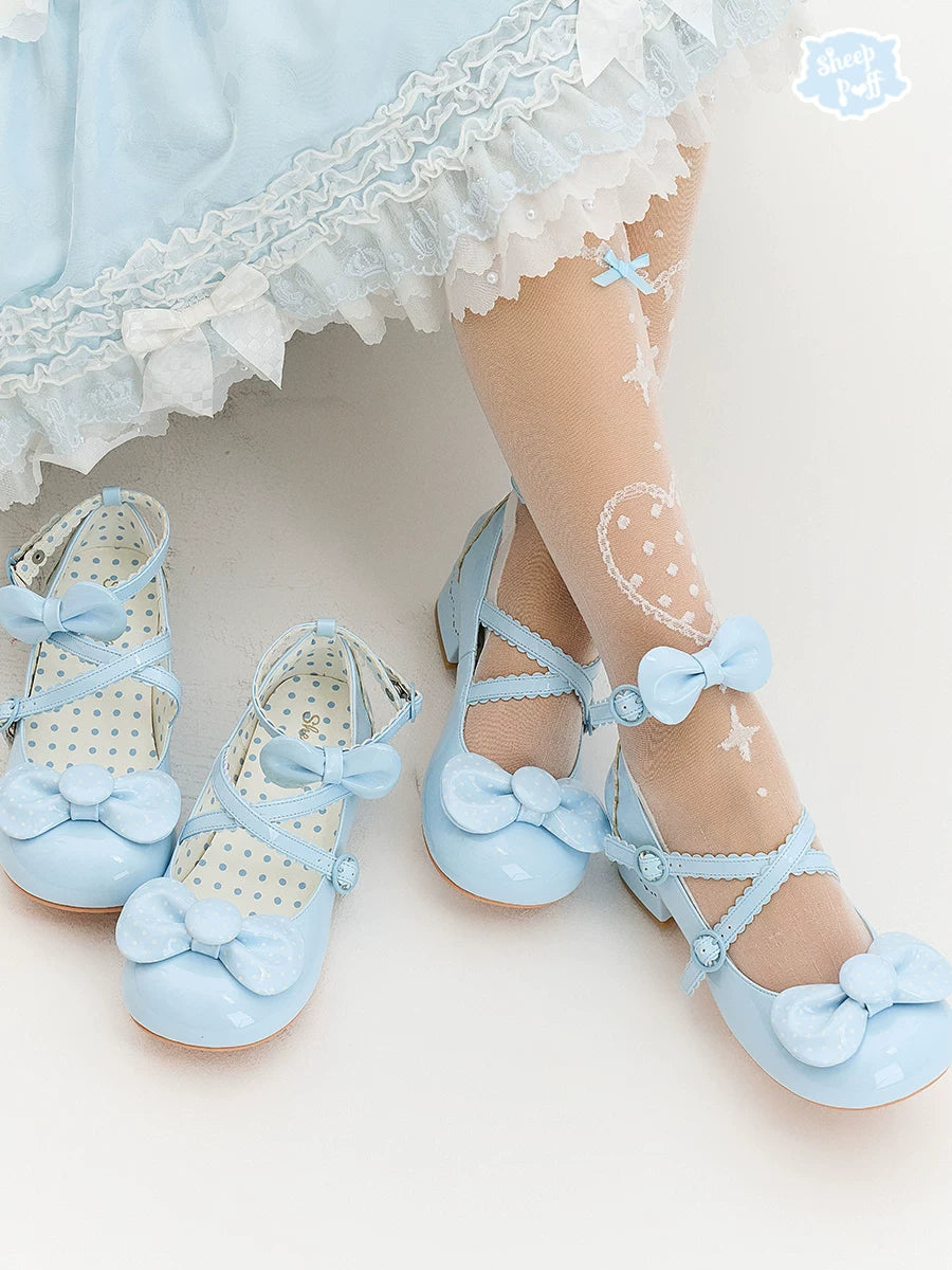 Sheep Puff vintage polka dot lolita shoes with mid-low heels, featuring a charming sheep puff detail and classic design.