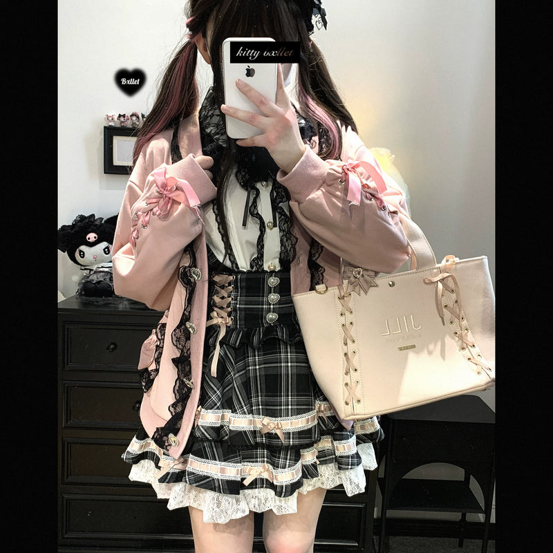 KittyBxllet Ribbon Party Lace Bow Cardigan — Pink