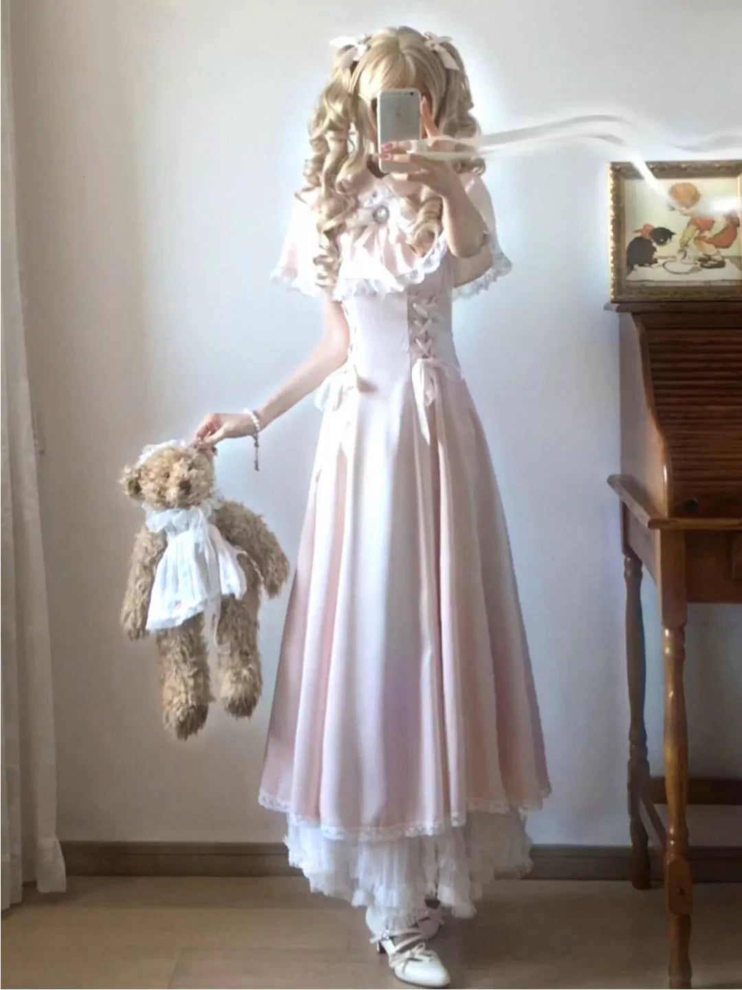 Creamy pale pink OP dress with a ruffled cape collar