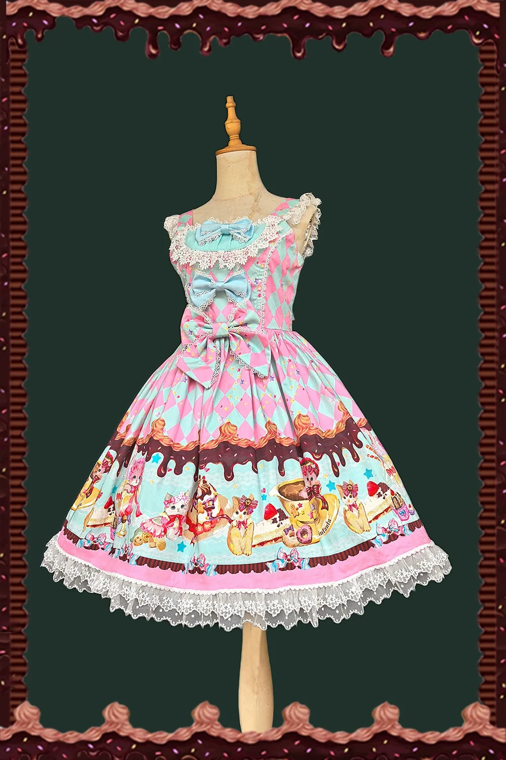 Cream Meow - Sweet Lolita JSK, Cat Print Green JSK Only S