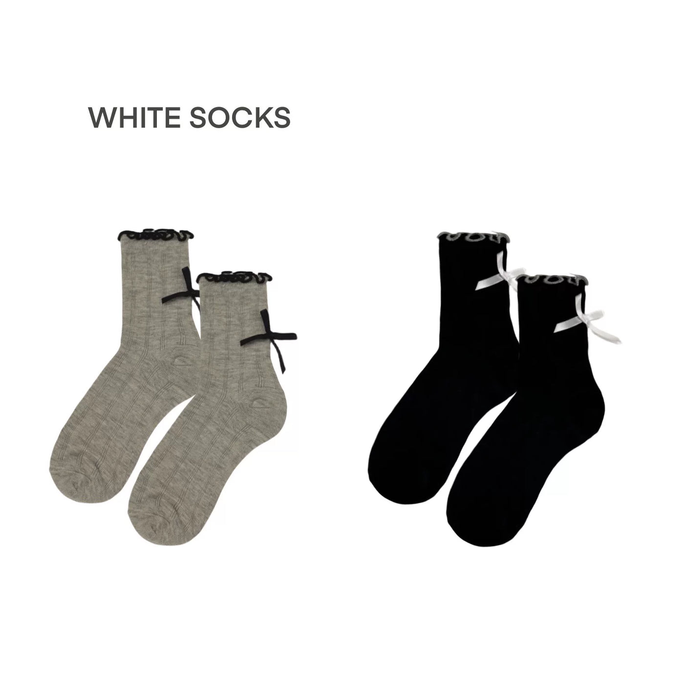 White Socks - Ballet Ribbon - Mid-Calf Socks with Lace Trim and Bow Detail