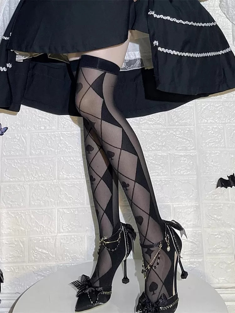 Fantasy Doll - Poker Diamond Grid - Over-the-Knee Socks with Playing-Card Suits