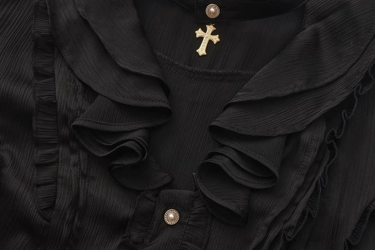 Immortal Thorn - Eternal Rabbit Invitation - Ouji Lolita Vintage Long Sleeve Blouse, Ruffles V-Neck