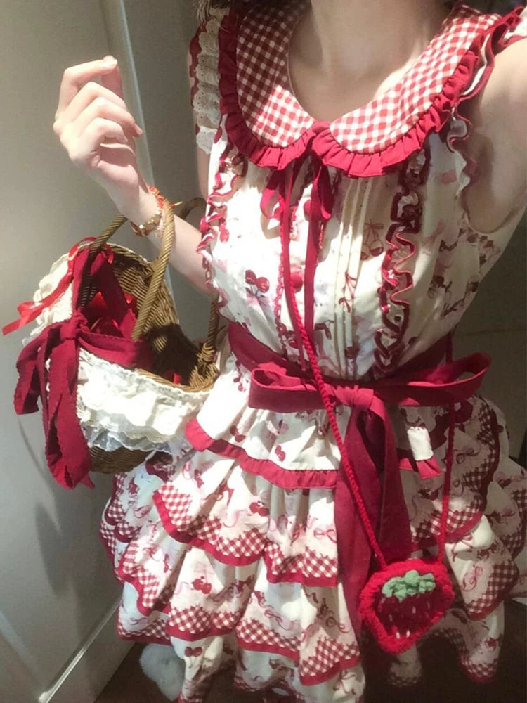 Dream Bunny - The Cherries Are Ripe - Cherry-Print Lolita Fashion Set with Gingham Ruffles