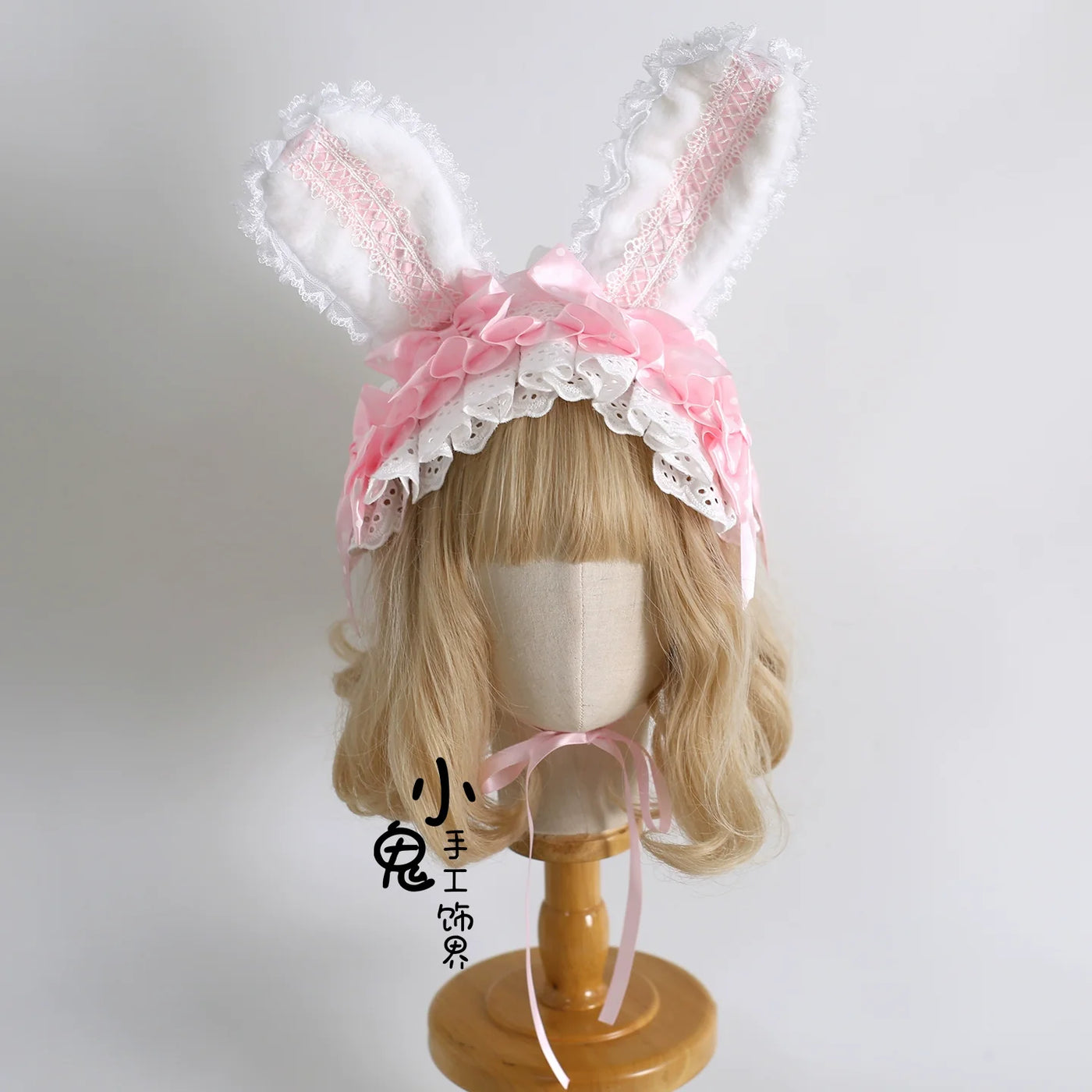 Xiaogui - Sweet Lolita Polka Dot Lace Hairband - Shapeable Bunny Ears Headwear