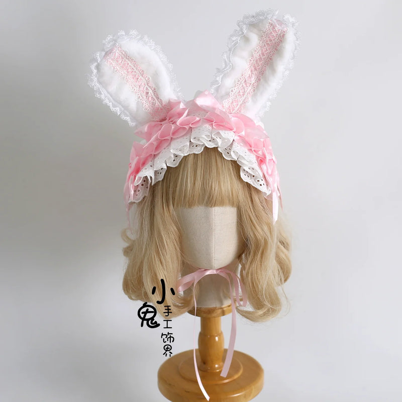 Xiaogui - Sweet Lolita Polka Dot Lace Hairband - Shapeable Bunny Ears Headwear