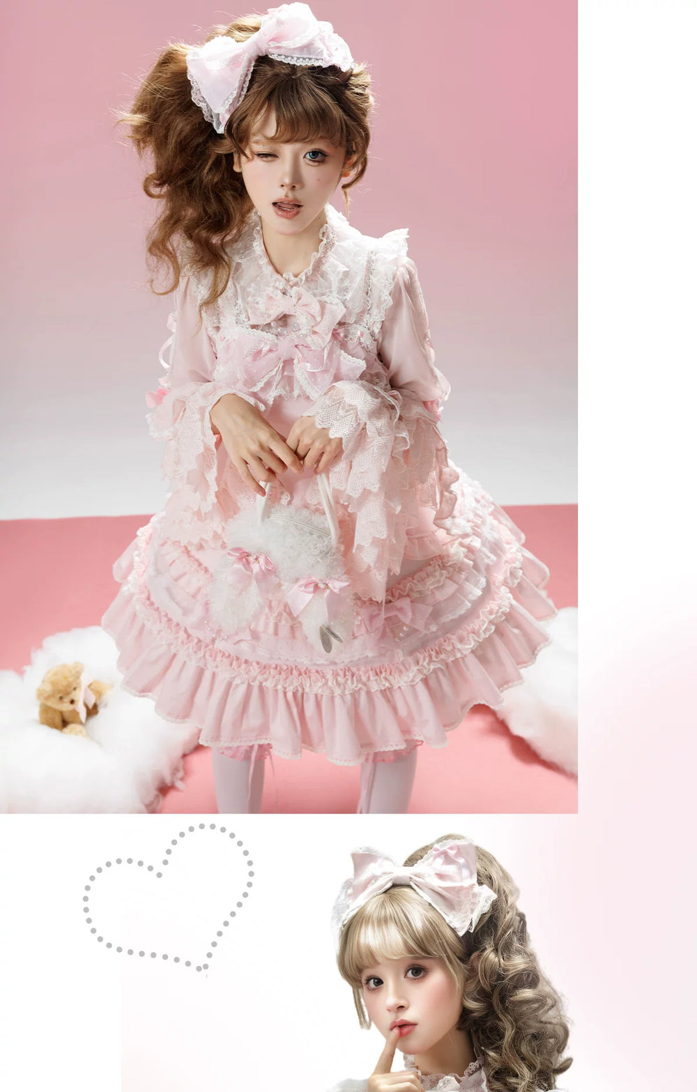 Pink and blue long-sleeve blouses with lace fronts, ruffled cuffs and ribbon details